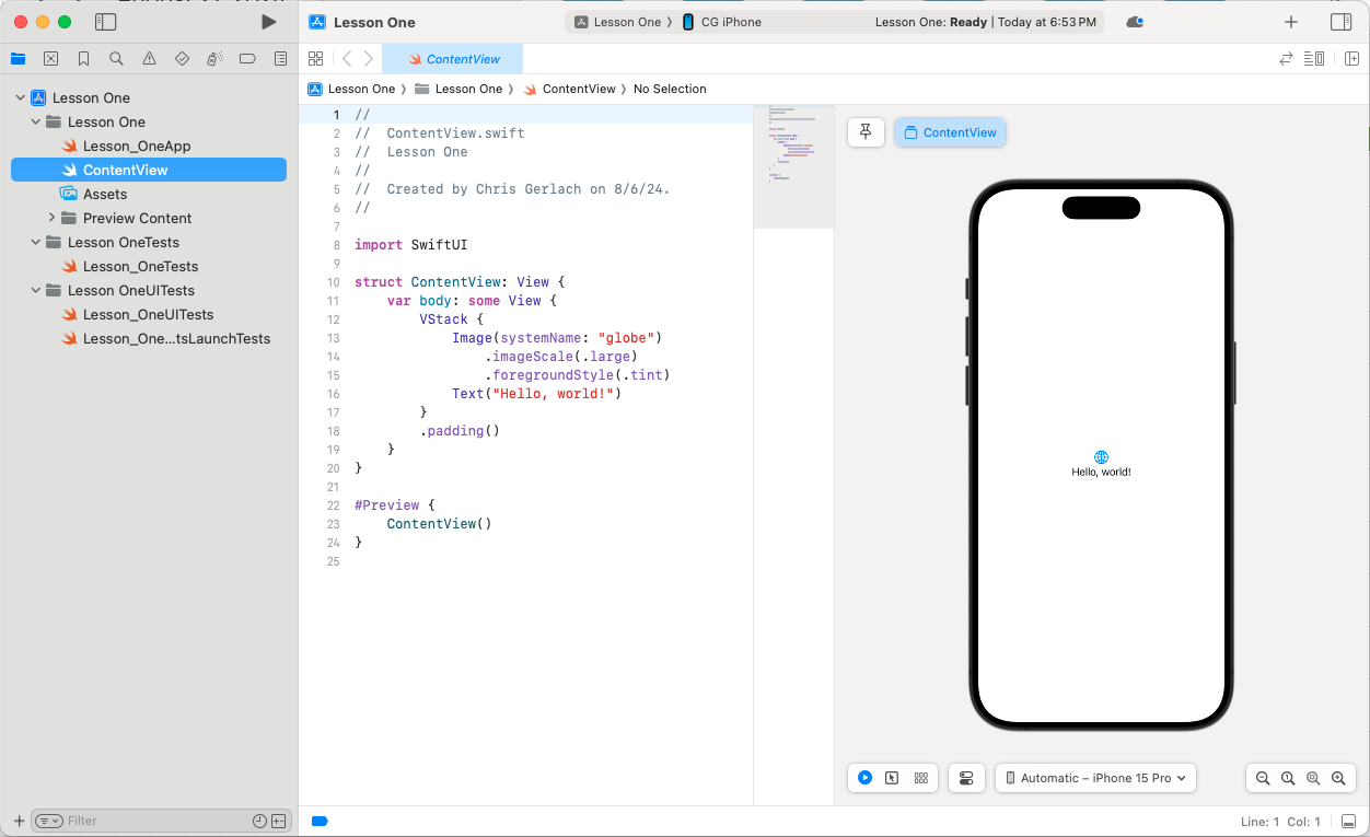 Xcode editor displaying ContentView.swift with SwiftUI code creating a VStack with a globe icon, "Hello, world!" text, and padding. iPhone 15 Pro simulator preview shows the rendered app with centered text.